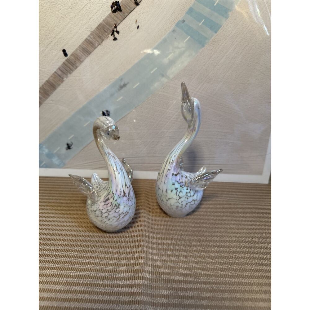 *Set Of 2 Hand Blown Glass Swan Figurine Clear And White 5 1/2”-6”